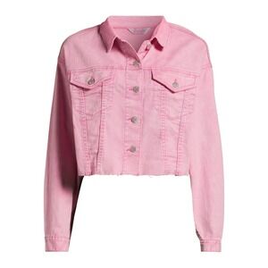 No Boundaries Womens Denim Jacket Size 1X Pink Acid Cropped Raw Hem Collared